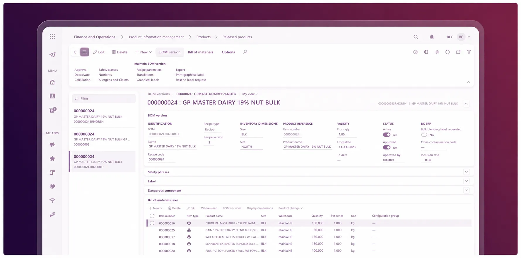 ERP screenshot for feed