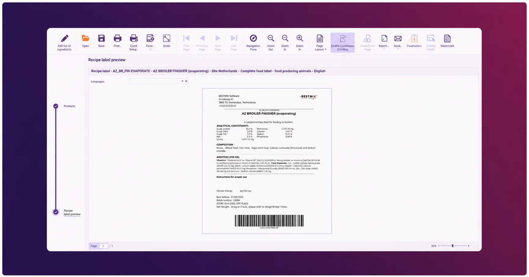 feed recipe managment software screenshot